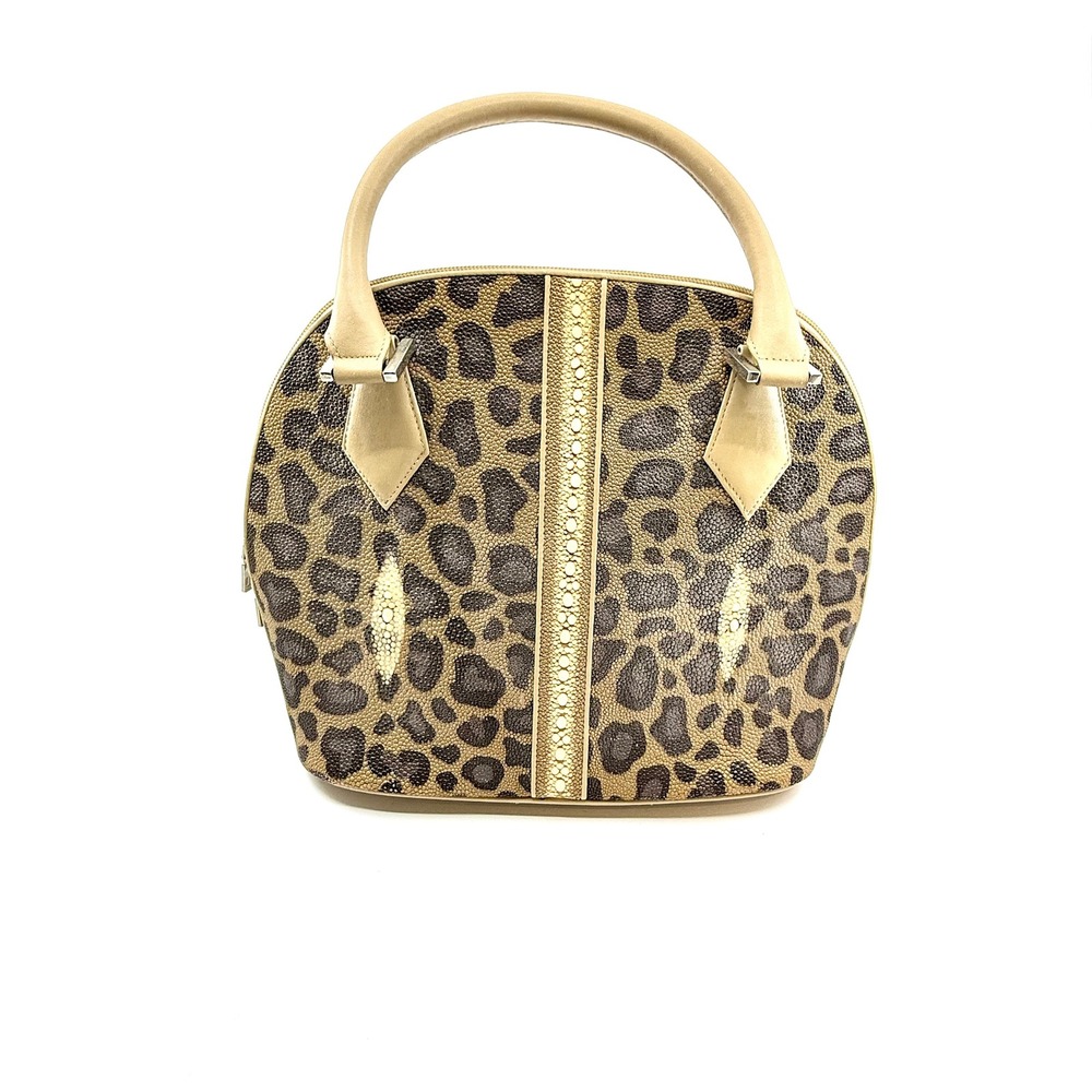 Genuine Stingray Exotic‎ Leather Leopard Print Satchel Handbag Purse, Gold Trim